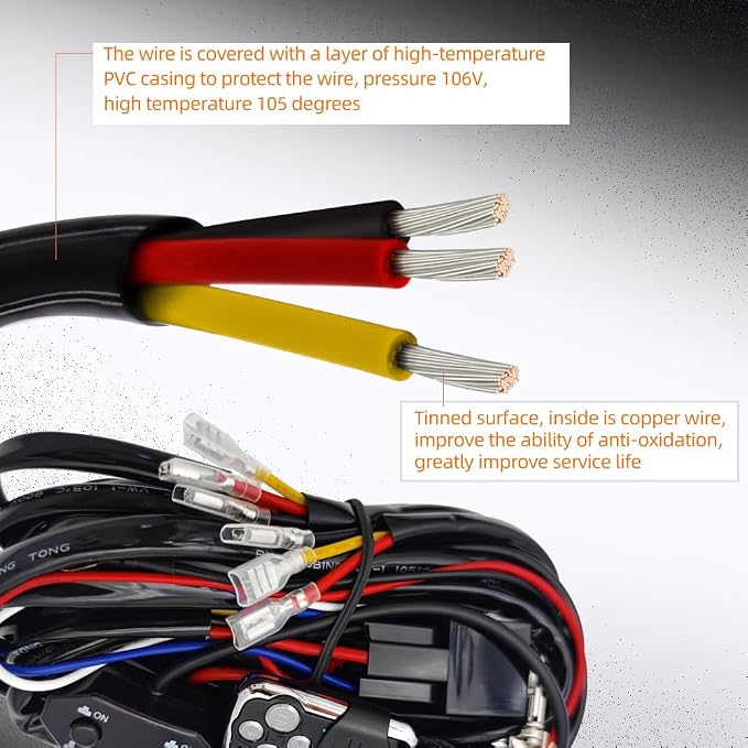 Double Color/High Low Beam 2 Lead Wiring Harness Kit with Remote Control DC12V 40A LED Lights Wiring Harness Switch Relay 14AWG Core Cable Harness fit for Work Lights Driving Lights Bar