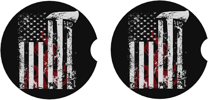 American Flame Axe Firefighter Flag Absorbent Ceramic Car Coasters 2 Pack Round Insert Cupholder Coaster Car Cup Holder Mat With Finger Notch Anti-Slip Cork Base Reusable Drink Coasters 2.56 in