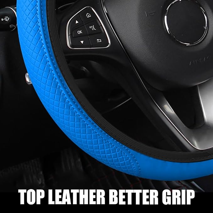 Car Steering Wheel Cover, Universal 14.5-15 Inch Blue Leather Steering Wheel Wrap with Better Sport Grip for Men Women, Anti-Slip Breathable Car Interior Accessories for Most Vehicles (Blue2)