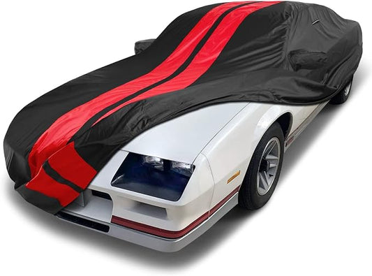 iCarCover Custom Car Cover Compatible with 1982-1992 Camaro Z28, IROC-Z, RS, Berlinetta, Sport, Waterproof All Weather Rain Snow UV Sun Protector Full Exterior Indoor Outdoor, Stripe (Black/Red)