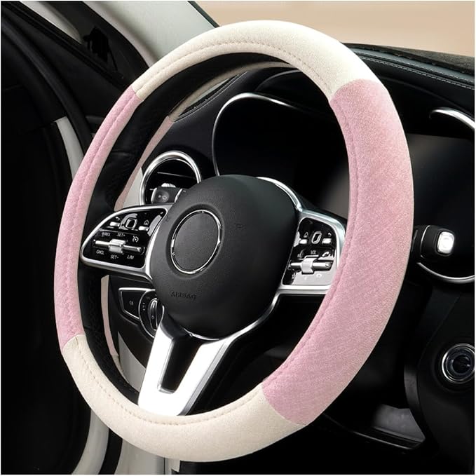 Zpana Car Steering Wheel Cover, 15" Linen Breathable Soft Anti-Slip Full Surround Vehicle Steering Wheel Protector, Automobile Interior Protection, Universal for Sedan Truck SUV (Pink)
