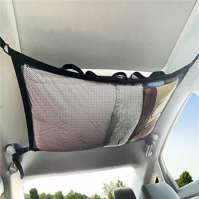 Car Ceiling Cargo Net Pocket, 31"x21" Adjustable Double-Layer Mesh Roof Organizer Long Trip Storage Bag,Truck SUV Travel Long Trip Camping Interior Accessories