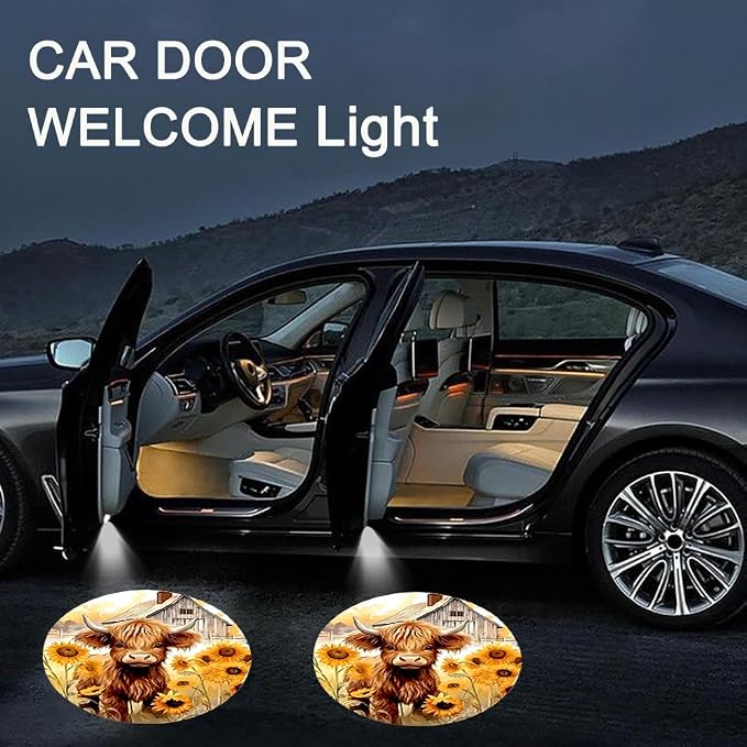 2PCS Car Door Lights,Sunflower Highland Cow Door Lights Logo Projector LED Shadow Welcome Lamp,Car Accessories Sunflower Cow Gifts for Men Women,Suitable for All Vehicles Motorcycle Bike