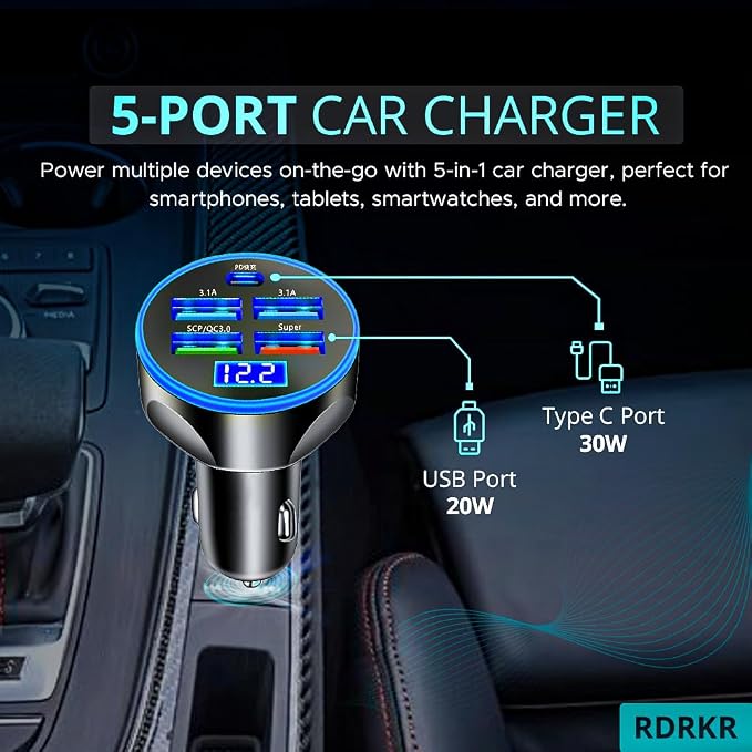 120W 5-Port Car Charger with PD Fast Charging & LED Voltage Display – USB C Cigarette Lighter Adapter (4 USB + 1 PD) for iPhone, Android & Multiple Devices