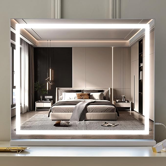 HIEEY Lighted Makeup Mirror, 18.1" x 22.8" Hollywood Vanity Mirror with Lights, Three Color Lighting Modes, with 5X Magnification Mirror, Smart Touch Control (White)
