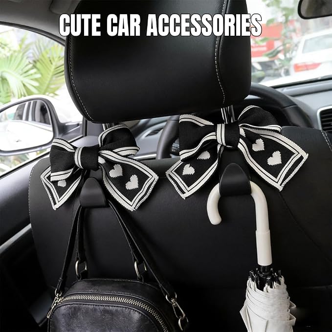 2PCS Car Seat Headrest Hooks, Car Purse Hook, Cute Bow Knot Vehicle Seatback Hanging Storage Organizer, Auto Seatback Decor Organizer Hanger for SUV Truck (Black/White)