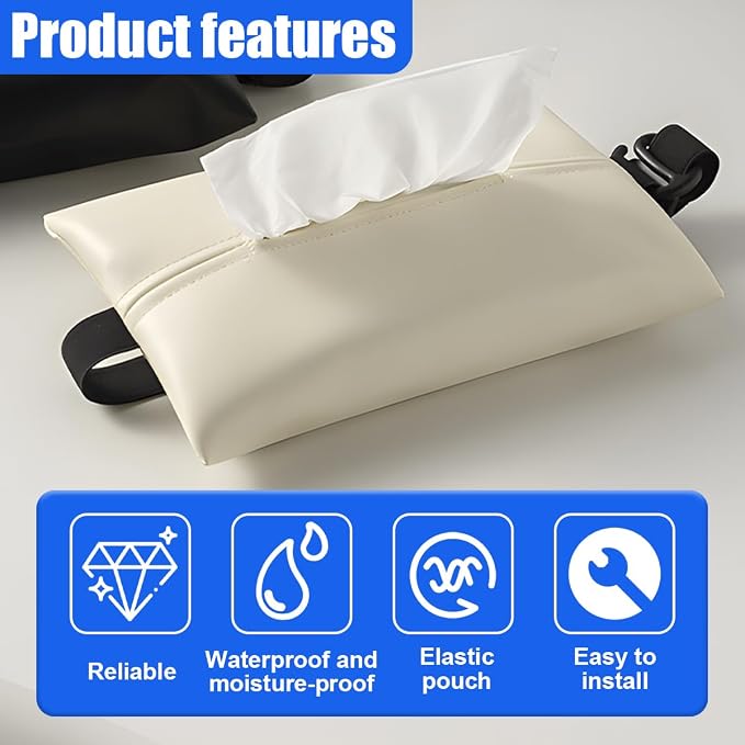 YoRise Car Tissue Holder, PU Leather Car Napkin Holder with Adjustable Strap, Center Console Tissues Box Cover, Sun Visor Organizer Keep Auto Tidy, Vehicle Headrest Storage Accessories (Beige)