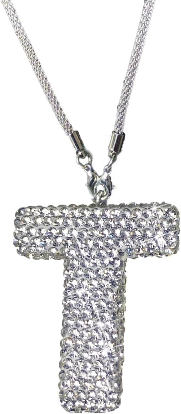 Bling Car Accessories for Women Letter Charm, Rear View Mirror Ornament Cute Hanging Crystal Pendant Girl Car Decorations, Lucky Diamond Rhinestone Girly Charm Interior (White T)