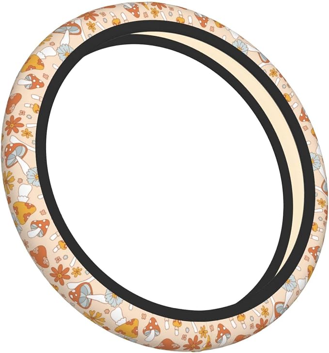 Hippie Mushroom Groovy 70s 80s Flower Steering Wheel Cover For Women Men Girls Car Accessories Decor Anti-Slip Neoprene Auto Steering Wheel Covers Protector Universal 15 Inch