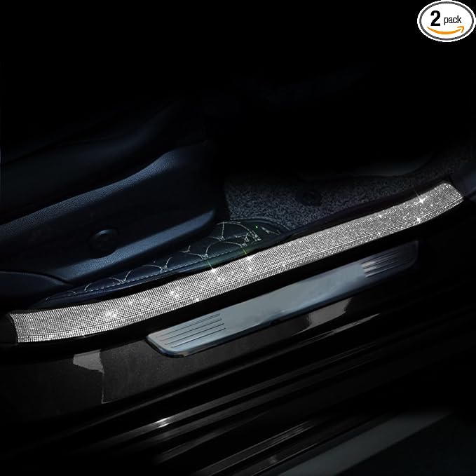 Car Door Sill Protector with Bling Rhinestones 2PCS Edge Guard Scuff Cover Anti-Scratch Strip Sticker Bumper Protector for Truck 2.75"x23.62" (White)
