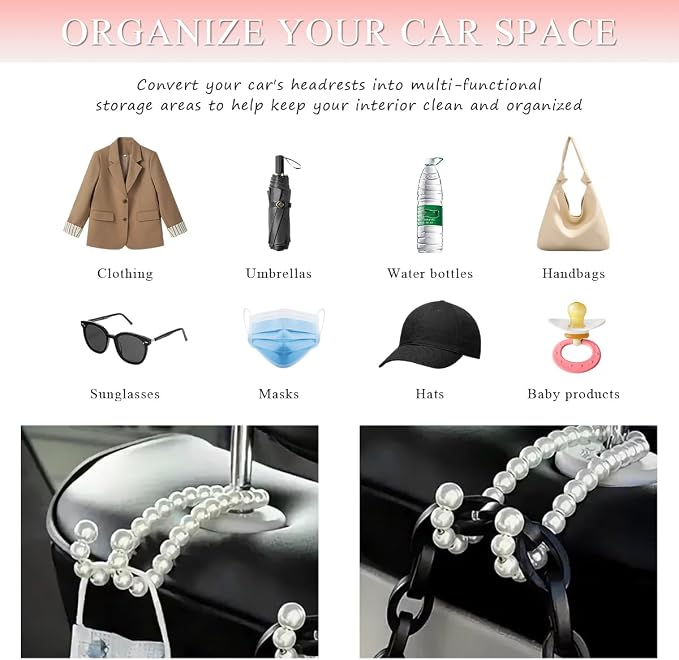 DXNQ 2 PCS Elegant Pearl Car Seat Headrest Hook, Cute Car Seat Hook Hanger Storage Organizer for Handbag Purse, Interior Decoration Headrest Hanger for Women Girls, Car Accessories