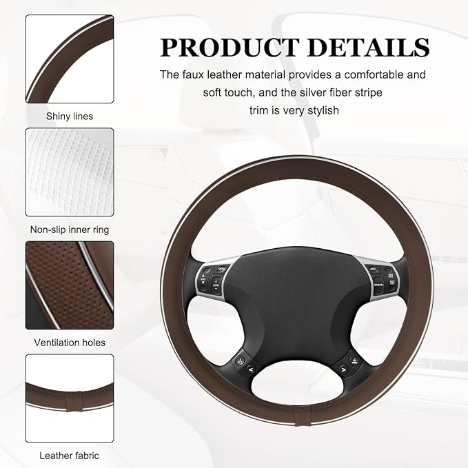 Car Steering Wheel Cover, Breathable Anti-Slip Auto Steering Wheel Protector with Fiber Strip, 15 Inch Soft Comfortable Wheel Wrap Vehicle Interior Decor for Women Men (Coffee)