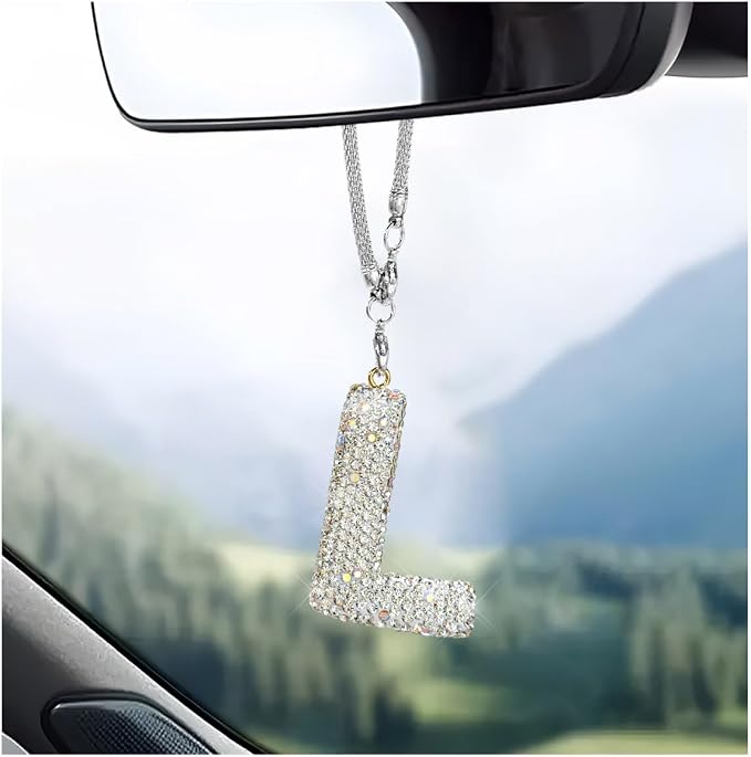 DXNQ Bling Initial Car Rear View Mirror Ornament, Crystal Sparkling Cute Letter Charm Pendant Auto Decor, Hanging Lucky Diamond Initial Charm Car Mirror Bag Ornament for Girl Women (Letter L)