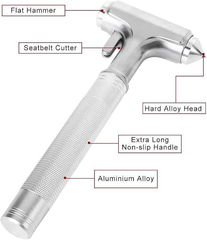 MOTORBUDDY Car Safety Hammer, Fireproof Metal Emergency Escape Hammer with Hard Alloy Head Window Breaker and Seat Belt Cutter, Aluminium Alloy Emergency Escape Tool for Car Accidents