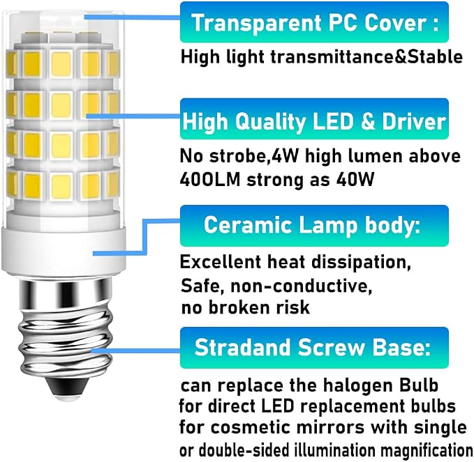 2-Pack 4W LED Bulb for Cosmetic Vanity Makeup Mirror with Single Double Sided Lighted Magnification 120V Mirror Replacement Bulbs 40W Equivalent Daylight White 6000K