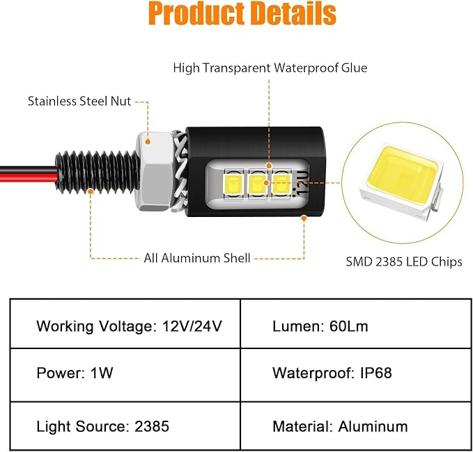 Linkstyle 4PCS 12V LED License Plate Light, License Tag Screw Bolt Lamps, Super Bright Motorcycle LED Bulb Tag Lights for Car Truck RV ATV Bike
