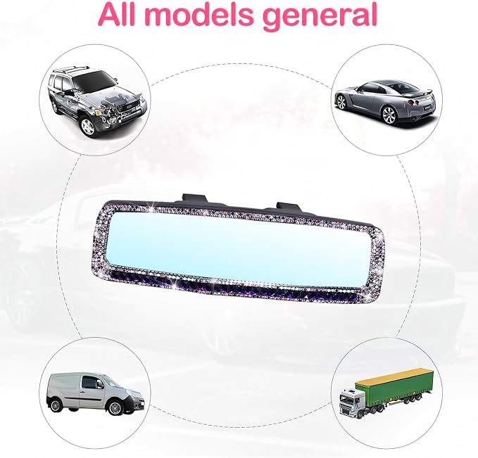 Bling Car Rear View Mirror, Rhinestones Crystal Clip-on Rearview Mirror with HD Glass, Compatible with Most Cars, SUVs, Vehicles, Auto Interior Accessories for Women Girl (Purple)