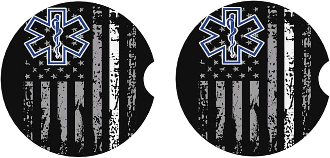 Thin White Line EMS Paramedic American Flag Absorbent Ceramic Car Coasters 2 Pack Insert Cupholder Coaster Car Cup Holder Mat with Finger Notch Anti-Slip Cork Base Drink Coasters 2.56 in