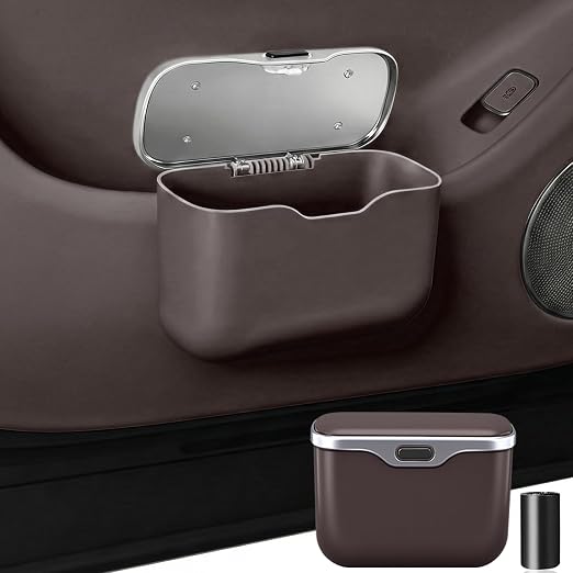 Hanging Car Trash Can, Leakproof Garbage Bin with Lid, Brown | ABS Construction, Clip-On Door/Back Seat Pocket Mount, Waterproof Liner, Push-Top Opening, For Suvs, Trucks, Sedans, Vans