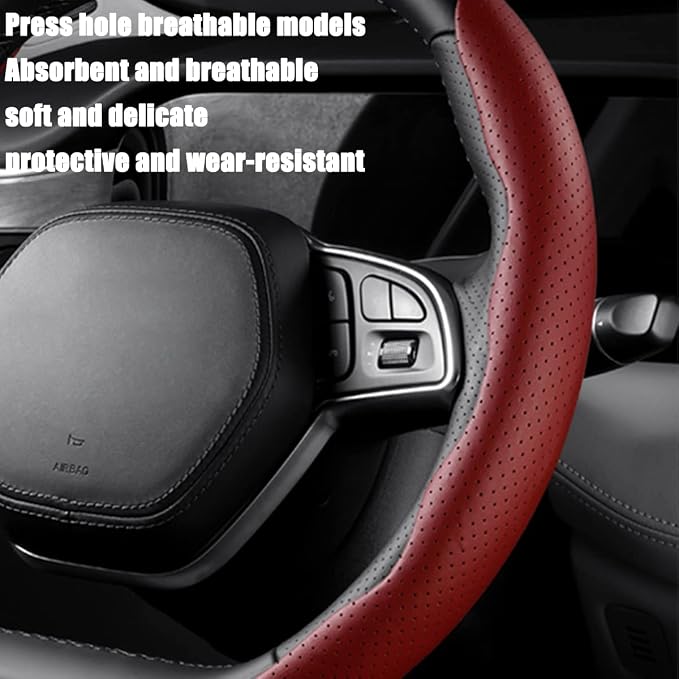 LoyaForba Car Steering Wheel Cover, Universal 15 Inch Leather Segmented Auto Steering Wheel Protector, Anti-Slip and Soft Breathable, Car Interior Accessories for Most Vehicle, SUV, Truck (Wine Red)