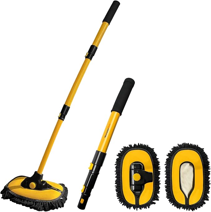 YeewayVeh Car Wash Brush with Long Handle, Microfiber Car Wash Mop with Replaceable Chenille Brush Head, Soft Cleaning Brush with 15° Curved Extension Pole Car Wash Kit for RV Truck Camper, Yellow | Extra Replaceable Chenille Head, 15° Curved Extension...