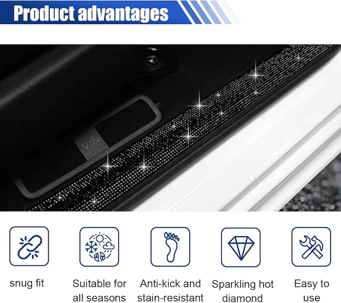 2PCS Bling Rhinestone Car Anti-Collision Adhesive Sticker Strip, Door Sill Strip for Rear Bumper SUV, Threshold Protective Stickers for Women (Black)