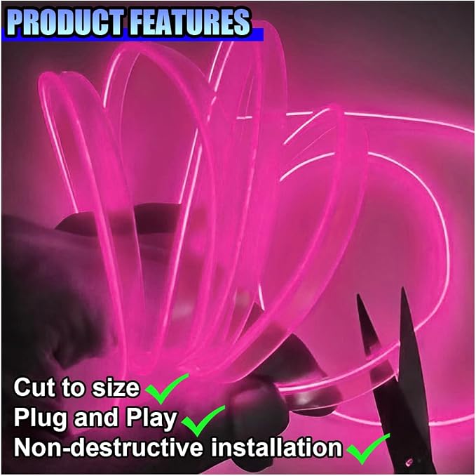 ZIMISI EL Wire Car Interior LED Strip Lights, Neon Light Strip (Pink) | 5V 16FT Car Ambient Lighting Decorations with Sewing Edge, USB Electroluminescent Car Interior Lights with Fuse Protection