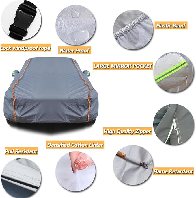 TUCAREST 6-Layers PEVA Premium Full Car Cover Fit for Sedan hatchback Pickup SUVs MPV Rain and snow protection, sun protection, UV protection, and protection of car paint surfaces-Silver Grey -Up 208"