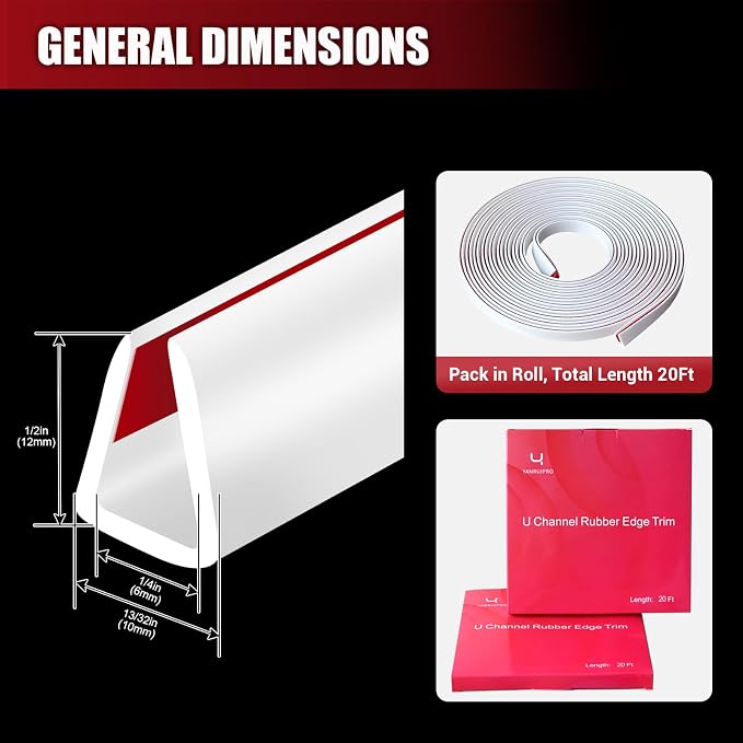 Rubber Edge Trim, Flexible Baby Proof Edge Trim for Sharp Edge, 1/4" U Channel Edge Protector, Self-Adhesive Edge Guards for Plywood, Glass, Flexi-Glass, 20Ft, White, Silicone Material