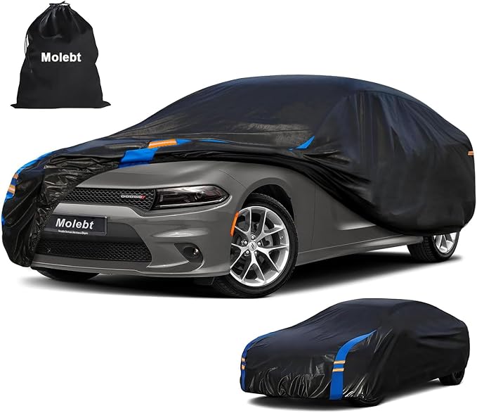 Car Cover Waterproof All Weather for Automobiles, Full Exterior Covers for Sedan & Coupe (201-208inch) Universal Fit for Dodge Charger/Challenger, Chrysler 300 etc.Rain Winter Sun Protection