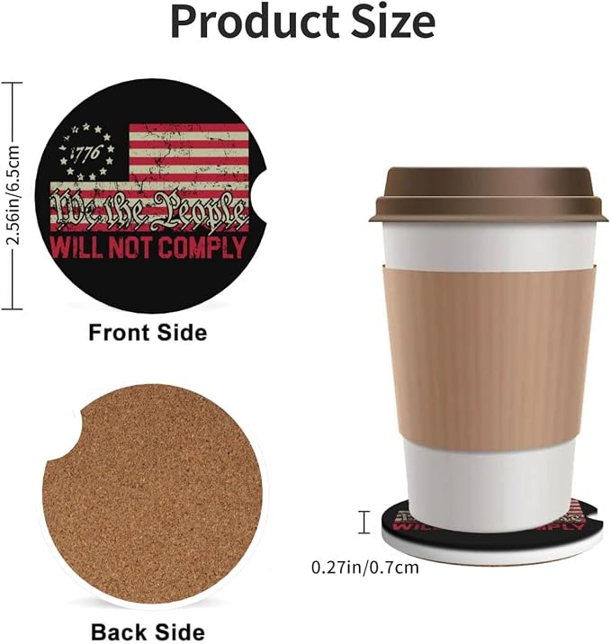 Vintage America American Flag Absorbent Ceramic Car Coasters 2 Pack Round Insert Cupholder Coaster Car Cup Holder Mat with Finger Notch Anti-Slip Cork Base Reusable Drink Coasters 2.56 in
