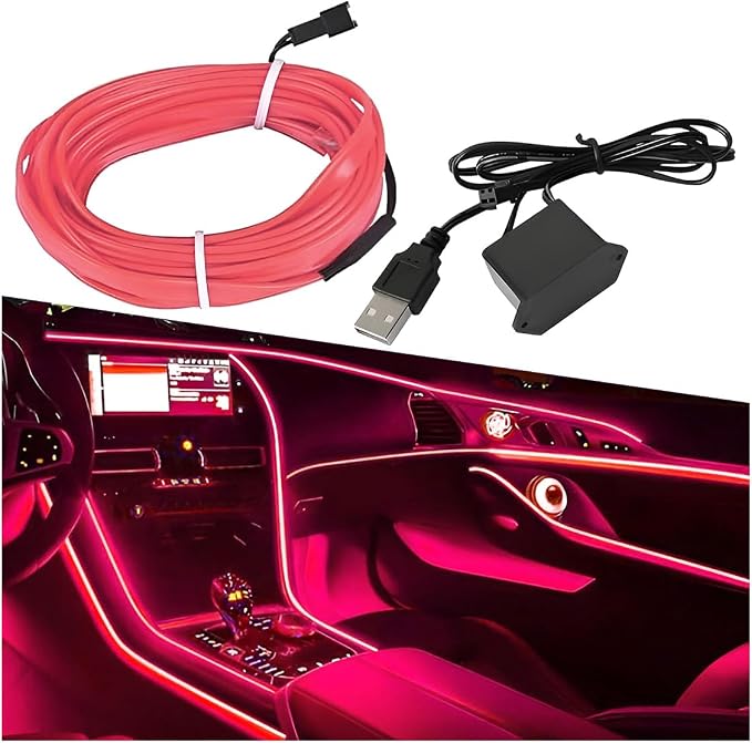 ZIMISI EL Wire Car Interior LED Strip Lights, Neon Light Strip (Pink) | 5V 16FT Car Ambient Lighting Decorations with Sewing Edge, USB Electroluminescent Car Interior Lights with Fuse Protection
