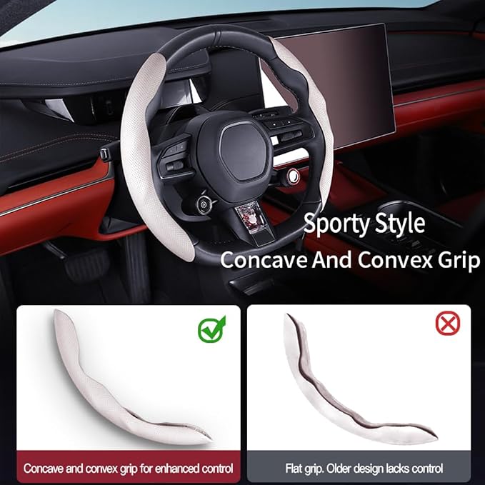 Car Steering Wheel Cover, O/D Shape, Nappa Leather, Segmented, Anti-Slip, Odorless, Breathable, for Men & Women, 14-15inch (White)