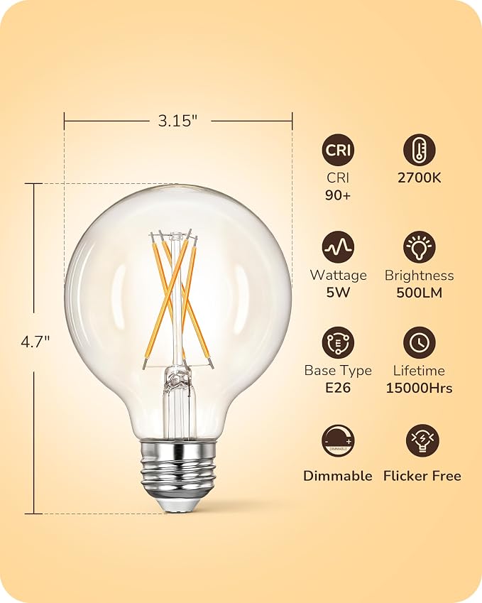 EDISHINE 6 Pack G25 Globe Light Bulbs, Dimmable Vintage LED Edison Bulbs, CRI90+ 5W Equivalent 60W, Clear LED Filament Vanity Light Bulbs, 2700K Warm White, 500LM, E26 Base