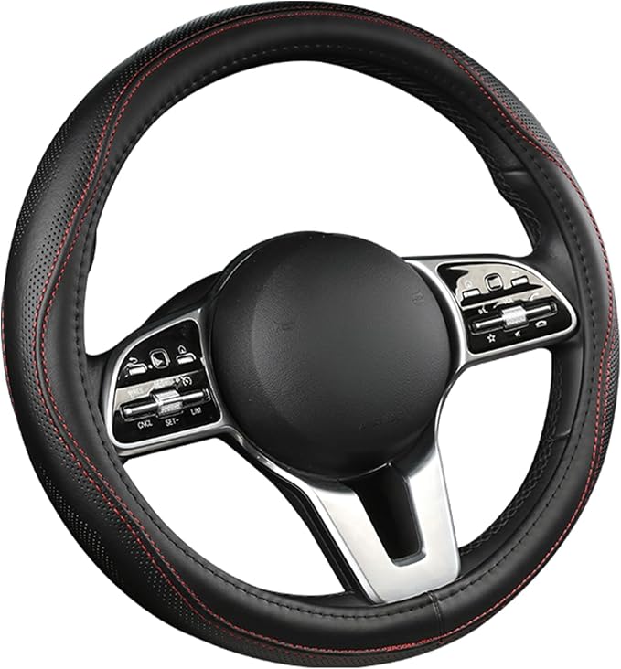 Genuine Leather Steering Wheel Cover, Real Cowhide for 14.5-16 Inch Steering Wheels, Universal Fit for Cars and Trucks (BlackRed, 16inch)