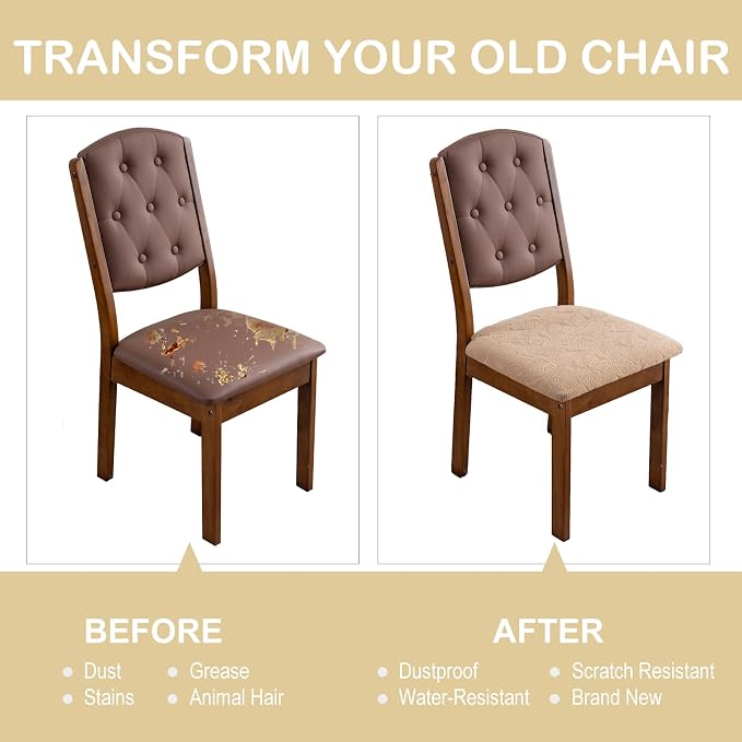 Waterproof Seat Cover for Chairs Dining Room Chair Seat Covers Washable Kitchen Chair Seat Slipcovers Protector (Khaki, 6 PCS)