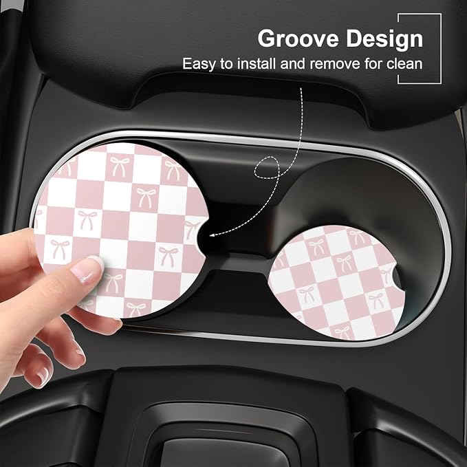 Ceramic Car Coasters – Absorbent Car Cup Holder Coaster Set for Women, Cute Aesthetic Car Accessories for Girls, 2 Pack (Petal Pink)