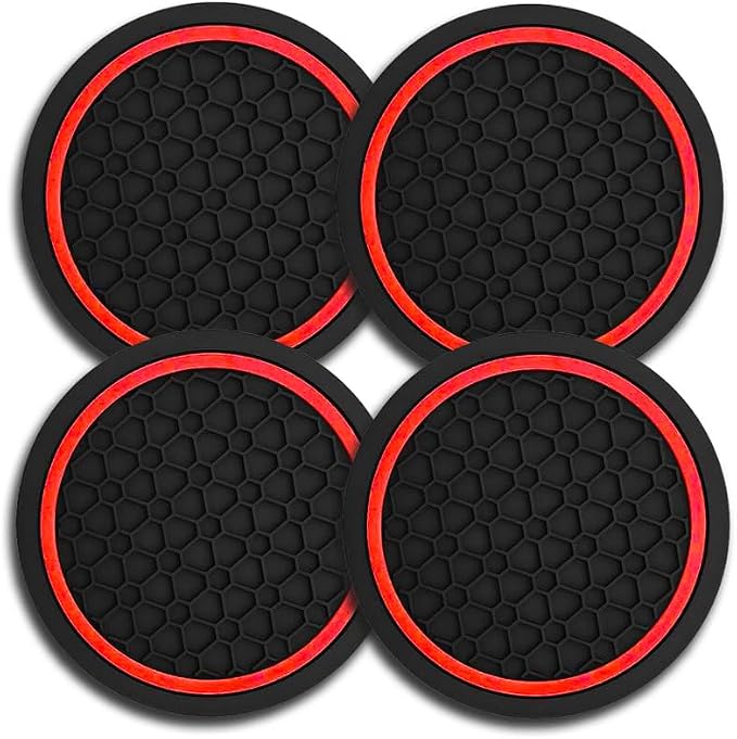 Car Cup Holder Coasters, Dustproof Automotive Interior Accessories Mat,2.75 Inch Non-Slip Insert Water Bottle Holder Pads, Universal for Vehicles, Trucks, RVs and More (Black/Red, 4PCS)