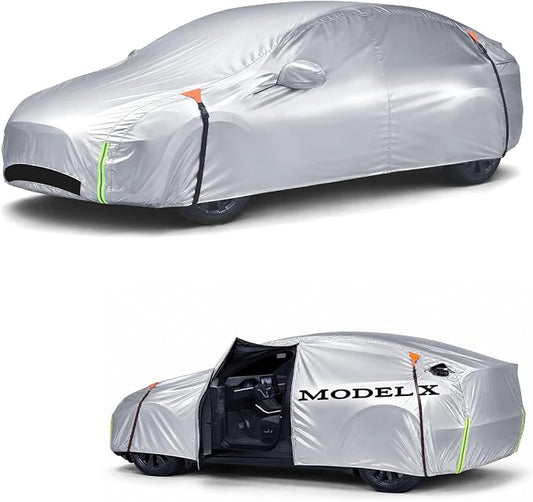 Wigoo Tesla Model X Car Cover Accessories 2015-2026, Custom Fit Waterproof All Weather Outdoor Full Car Cover, Windproof UV Rain Snow Dust Protection, Door Zipper, Charging Port, Ventilated Mesh