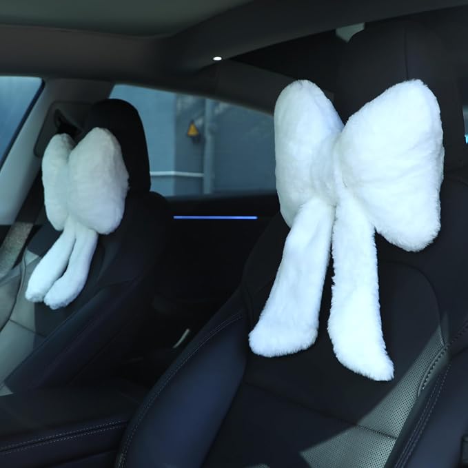 Macarrie 2 Pcs White Car Neck Pillow Plush Butterfly Bow Car Headrest Pillow Comfortable Seat Neck Support Cute Head Rest Accessories for Driving Travel Driver Chair Girl Interior Decor(Solid)