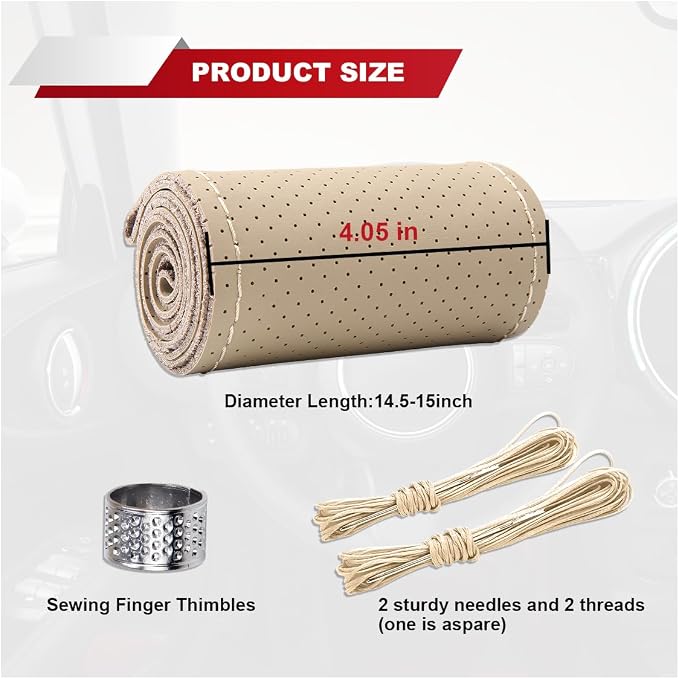 ZIMISI 15 Inch Genuine Leather Steering Wheel Cover (Beige,Hole) | Anti-Slip Breathable Car Steering Wheel Stitching Wrap, DIY Sewing with Needle Thread, Stitch on Wrap Steering Wheel Cover