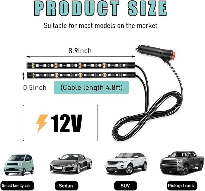 Yourkar Car LED Strip Light, 24 LED Interior Under Dash Atmosphere Lights with Cigarette Lighter, Vehicle Decor Lamp Ambient Night Light Strip Lighting, Universal Car Accessories (Ice Blue)