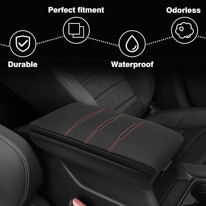 Muslogy Center Console Armrest Cover Fit for Honda CR-V 2023+ & CRV Hybrid Accessories, Comfort Armrest Pad Console Lid Cushion Vegan Leather 1-Inch Extra Thick (Black/Organge Trim)