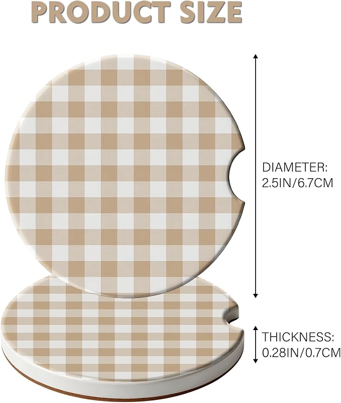 2 Pack Car Coasters for Cup Holders, Absorbent Ceramic Cup Coaster with Cork Base and Finger Notch, Cute Car Accessories Interior for Women Men (Grid-Brown White)