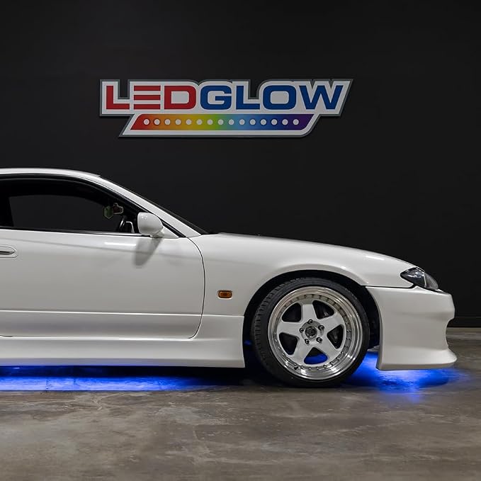 LEDGlow 4pc Blue Slimline LED Car Flexible Underglow Lighting Kit | Neon Accent Lights Include Flex Underbody Tubes, Solid Color Illumination, 4 Modes, Control Box & Remote