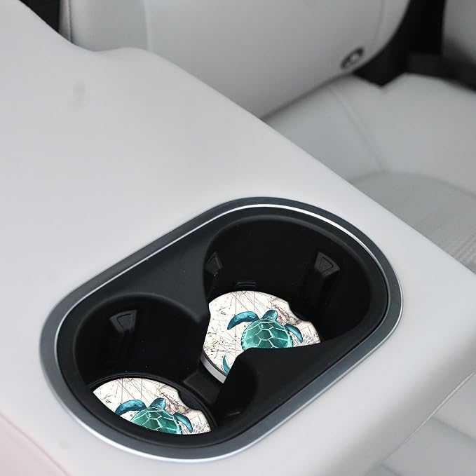 2 Pack Sea Turtles Pattern Absorbent Car Coasters for Cup Holders,2.56" Ceramic Coasters with Cork Back and Finger Slot,Auto Accessories for Women & Men.