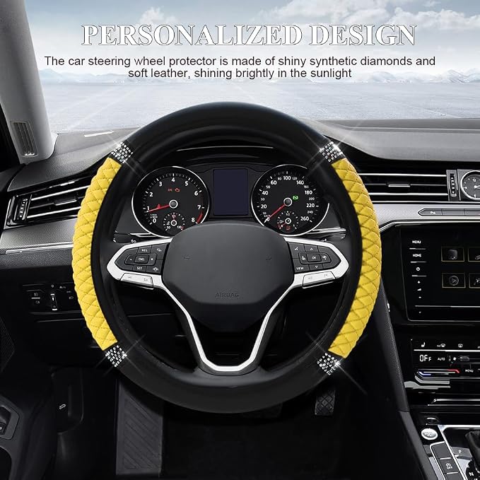 Bling Soft Leather Steering Wheel Cover, 15 Inch Colorful Rhinestones Auto Elastic Steering Wheel Protector for Women Girls, Car Accessories Anti Slip Steering Wheel Cover for Cars, SUVs (Yellow)