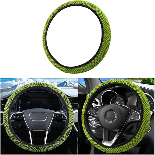 Car Elastic Stretch Steering Wheel Cover, 14.5-15" Breathable Ice Silk Anti-Slip Vehicle Steering Wheel Protector, Comfy Auto Interior Protection Accessories, Universal Fit (Grass Green)