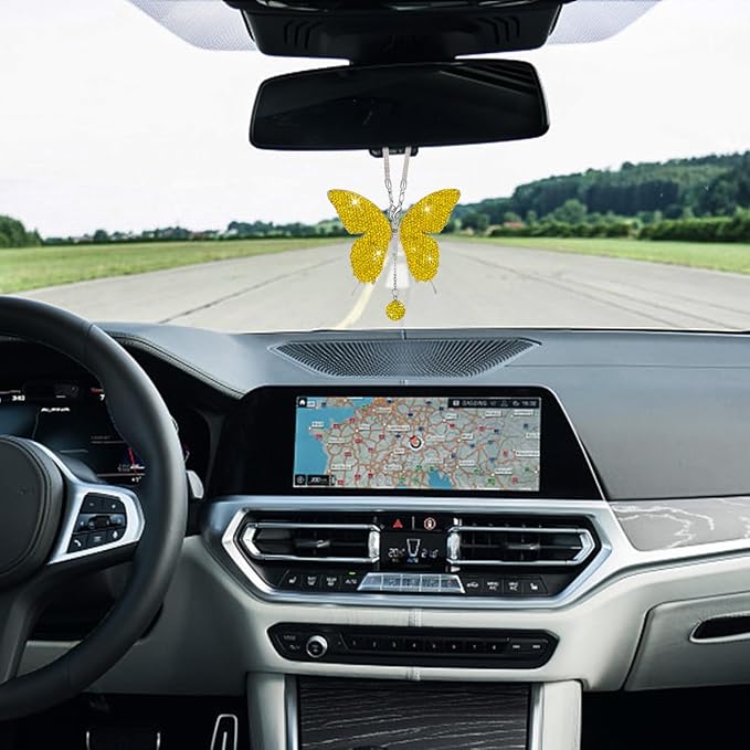 JOYCOURT Bling Butterfly Diamond Car Hanging Accessories for Women, Yellow | Crystal Butterfly Rear View Mirror Luck Car Decoration Accessories, Valentine's Day Presents Ornament Pendant for All Cars