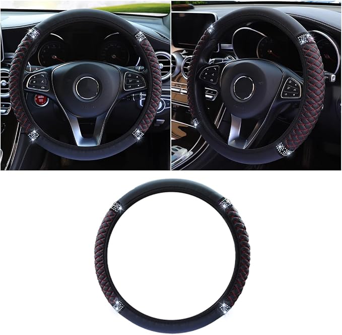 JOYCOURT 15 Inch Bling Soft Leather Car Steering Wheel Cover, Black Red | Colorful Rhinestones Design, Auto Elastic Protector for Women Girls, Crystal Diamond Car Accessories for Most Cars, SUVs